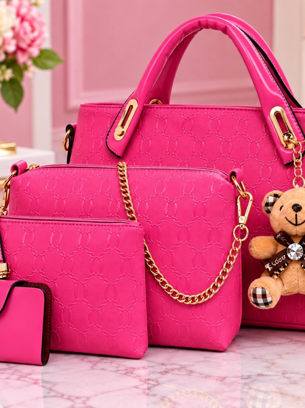 Womenโs Hot Pink Faux Leather Tote & Crossbody Bag Set